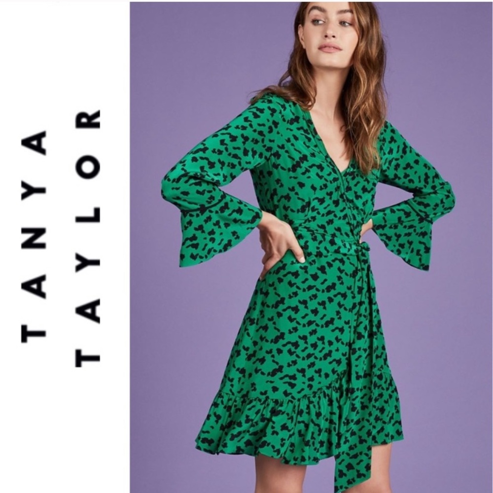 TANYA TAYLOR Green Ruffled Wrap holiday dress